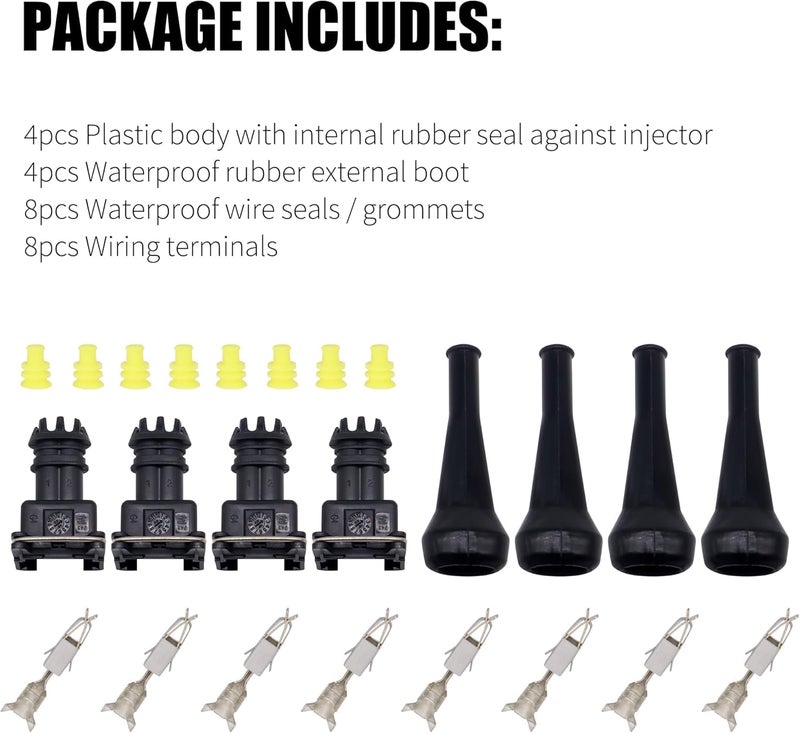 OXCANO 4 Sets Fuel Injector Connector EV1 Waterproof 2 Way Fuel Injector Wiring Harness Connectors Plug Pigtail Kit - Image 2